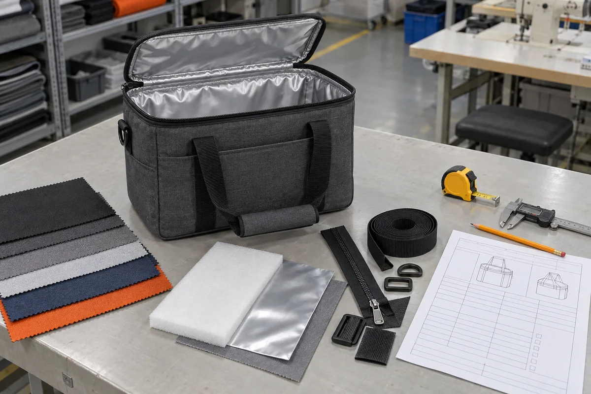 Custom cooler bag sample with Oxford swatches, EPE foam, PEVA liner and an RFQ sheet on a factory worktable