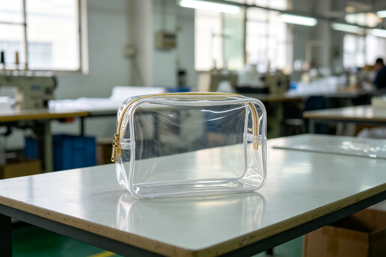 Finished clear TPU cosmetic pouches on a factory inspection table, showing RF-welded seams and custom zipper pullers