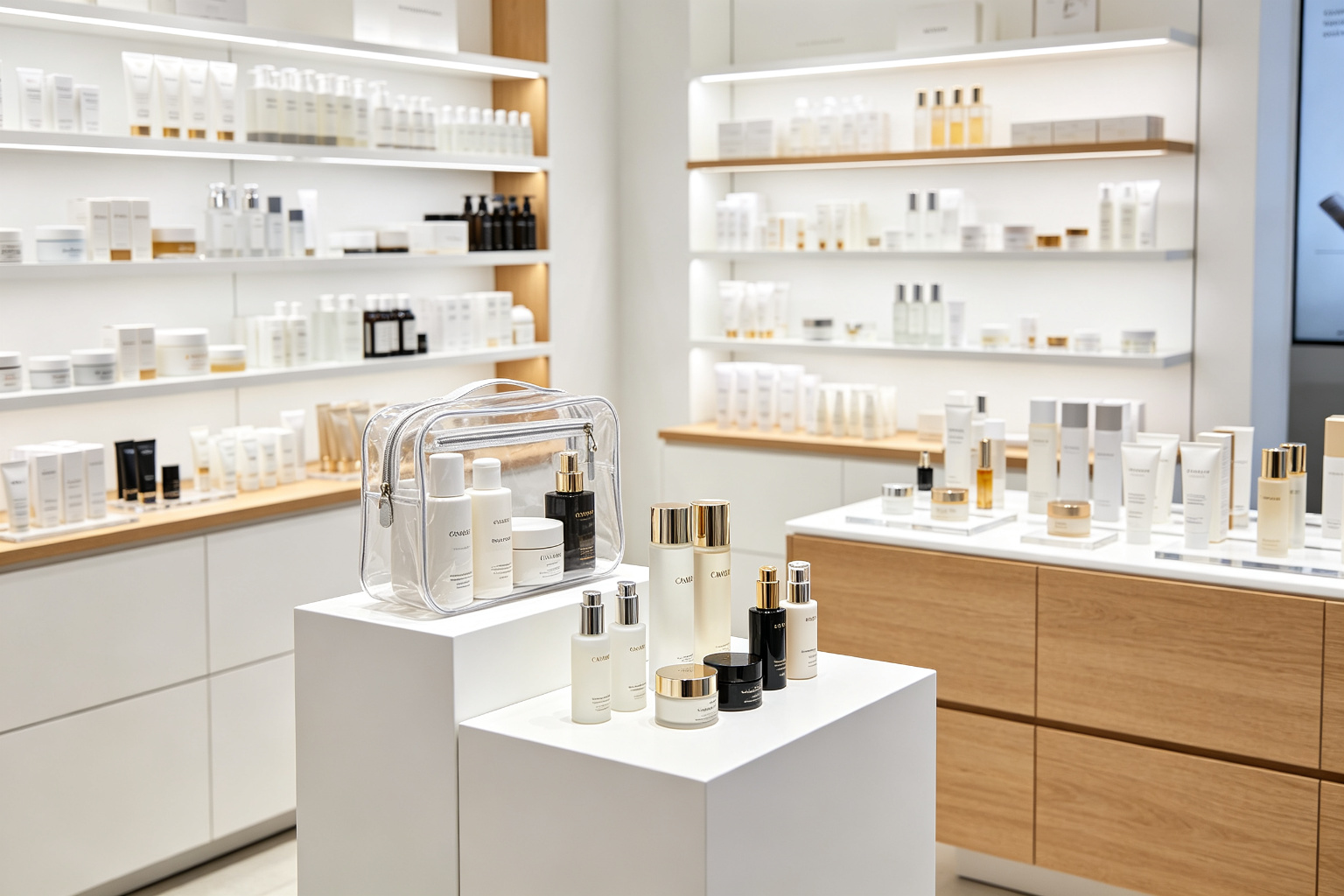 German beauty retail store display with clear transparent cosmetic pouches among premium skincare products on white shelves
