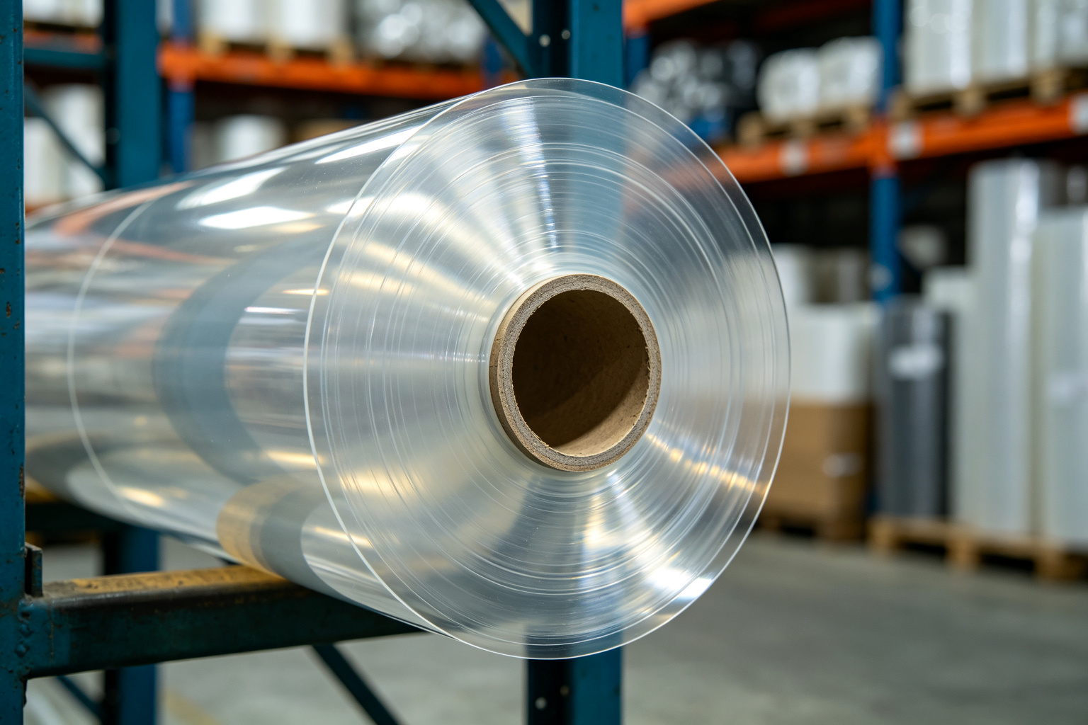 Close-up of transparent clear TPU film material roll in a factory warehouse showing glossy transparent texture and thickness