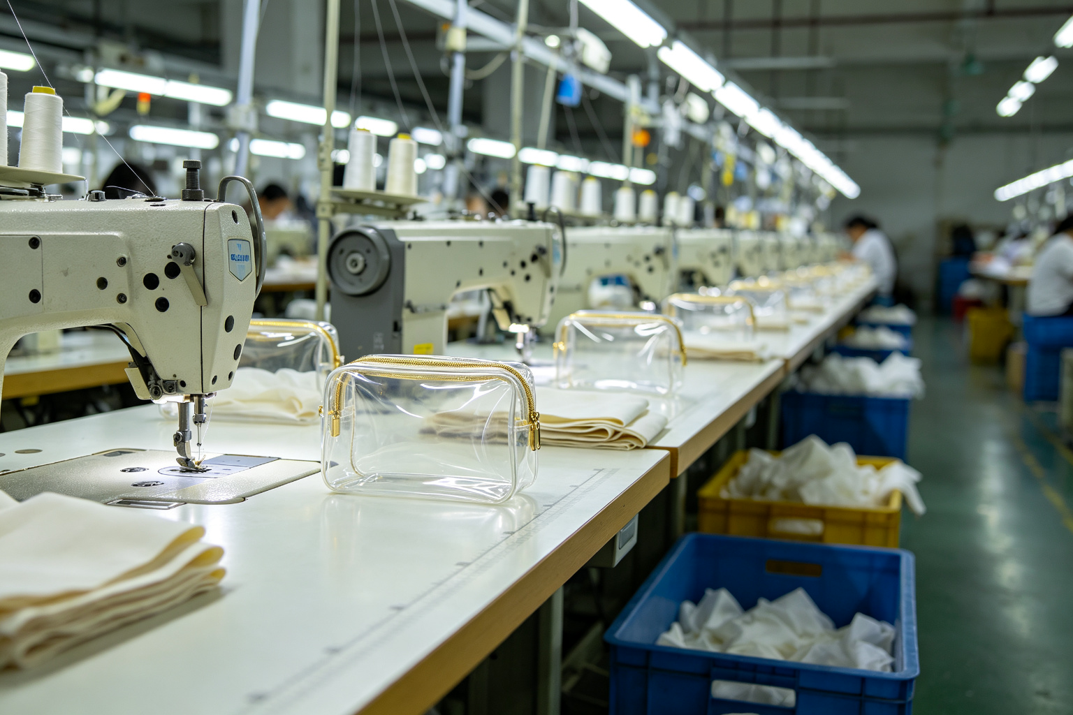Bag sewing production line in a Dongguan factory with industrial sewing machines and transparent TPU cosmetic bags being assembled
