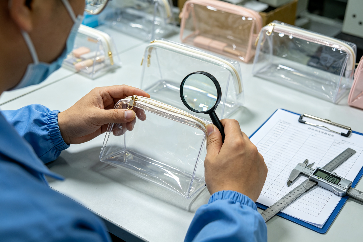 Quality control inspector examining a transparent TPU cosmetic bag with magnifying glass at a QC inspection station checking zipper operation and seam quality