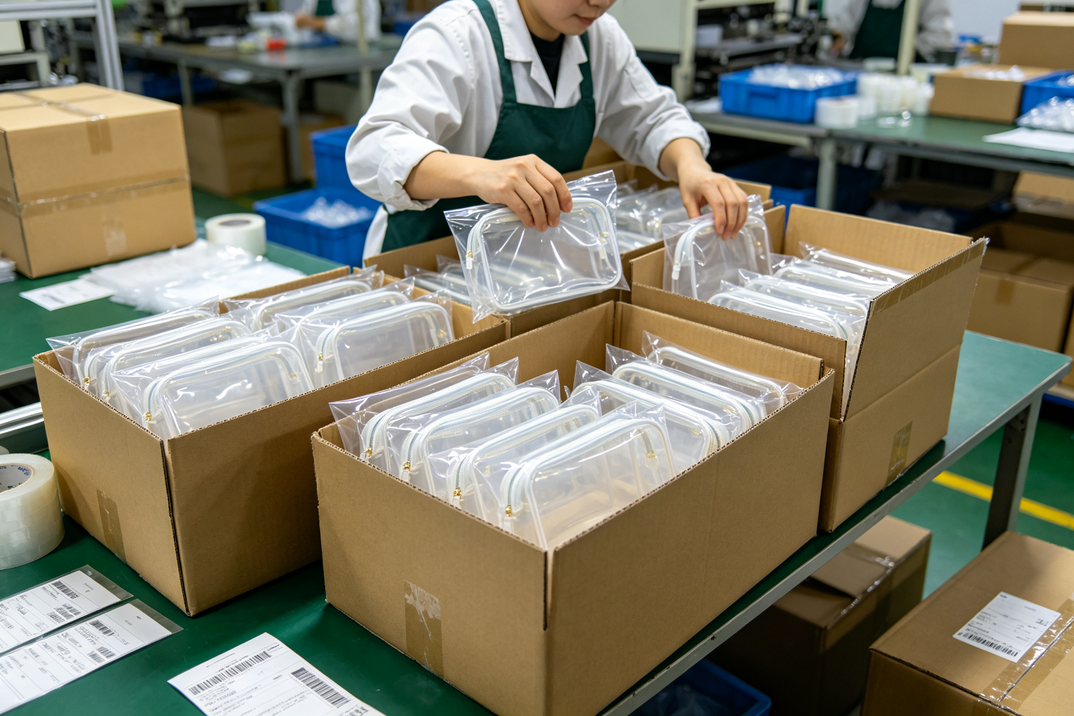 Factory packaging area with finished transparent TPU cosmetic bags being packed into individual polybags and export cartons by a worker