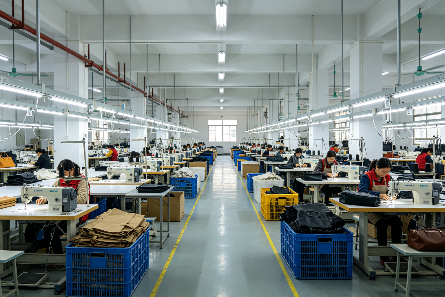 Wide angle view of modern bag manufacturing factory workshop in Dongguan China showing multiple production lines with sewing machines and workers
