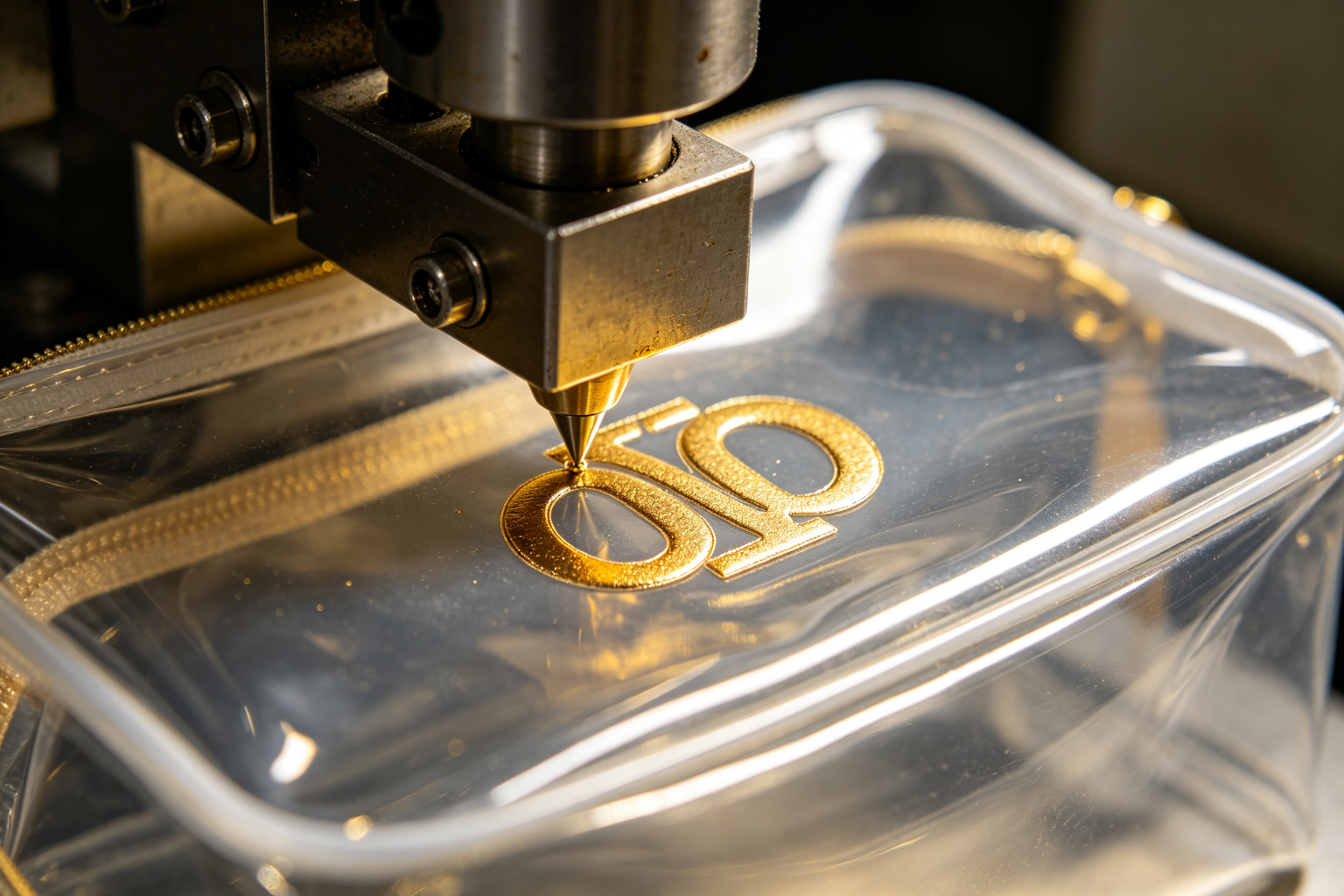Close-up of gold foil hot stamping process on a transparent TPU cosmetic bag showing metallic logo being pressed onto the bag surface