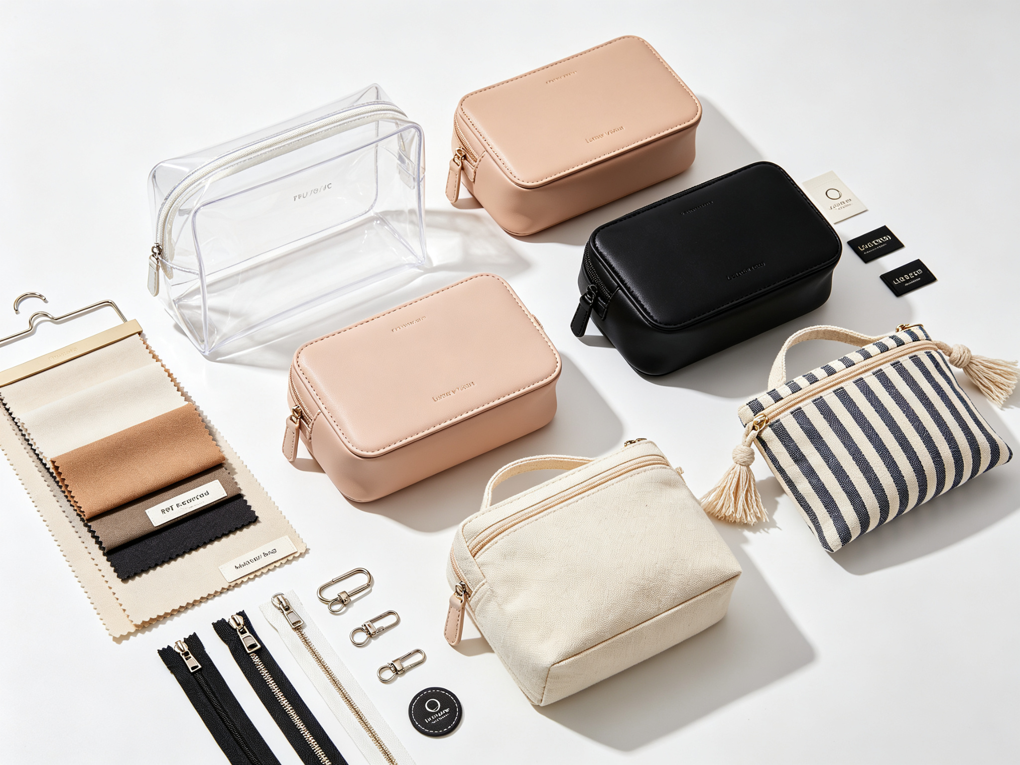 Various custom cosmetic bags including clear TPU pouches, vegan leather cases, RPET recycled makeup bags, and hanging toiletry organizers with fabric swatches and hardware samples