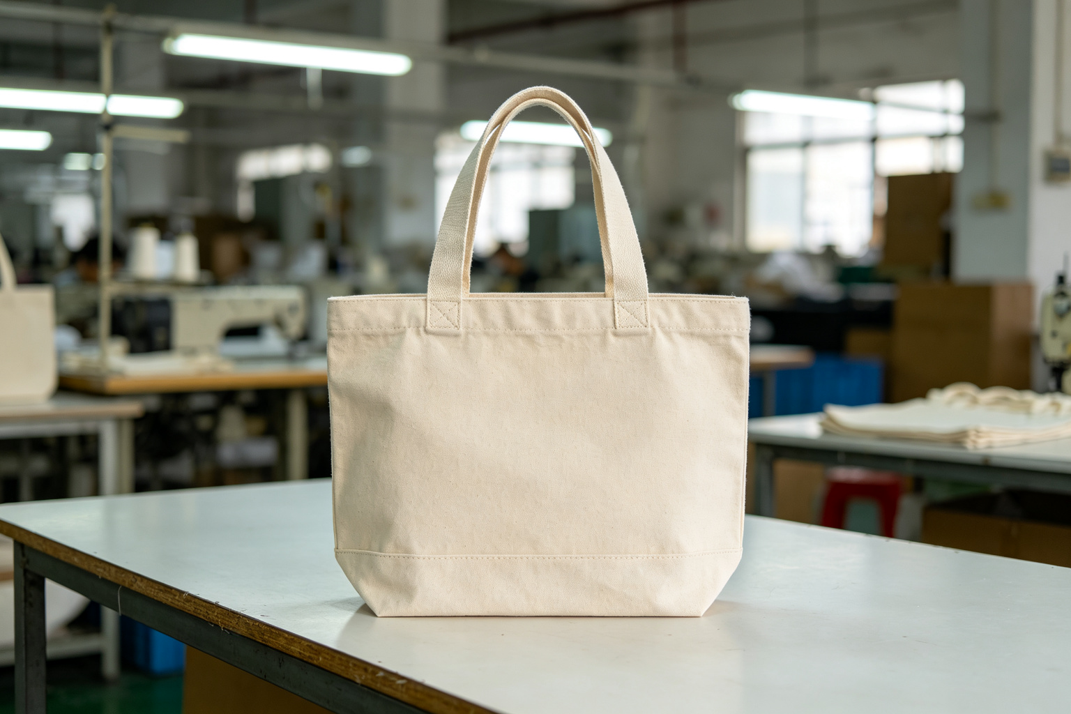 Finished custom GOTS organic cotton canvas tote bags stacked on a factory inspection table with full-color water-based print, cotton web handles, and bottom gusset