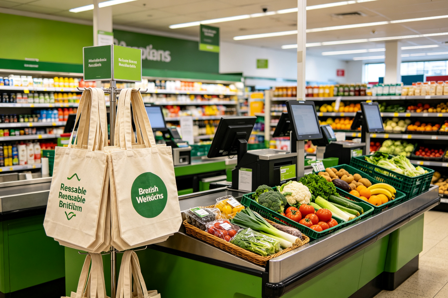 UK supermarket checkout counter with reusable canvas tote bags on display, showing the Bag for Life program retail environment