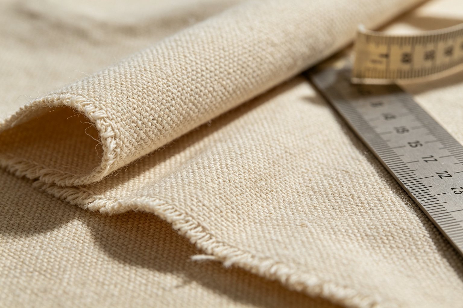 Close-up detail of 12oz GOTS organic cotton canvas fabric texture showing the plain weave pattern, with a GOTS certification label and fabric weight measurement