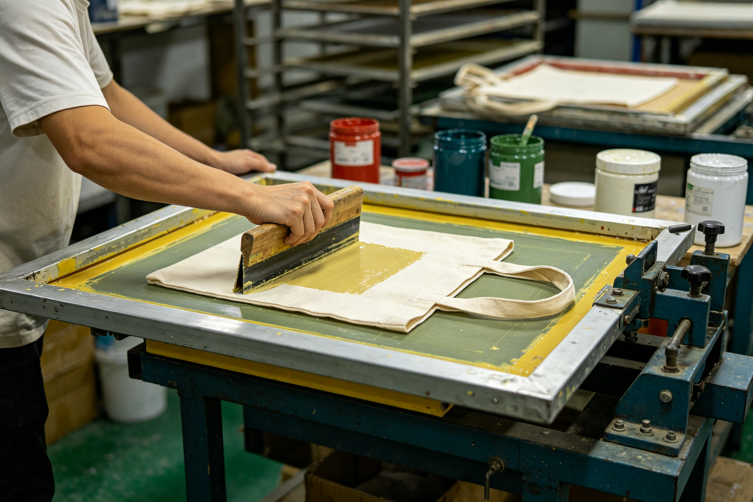Factory worker operating a manual screen printing table printing 3-color design on natural canvas tote bags, with ink containers, squeegees, and drying racks visible