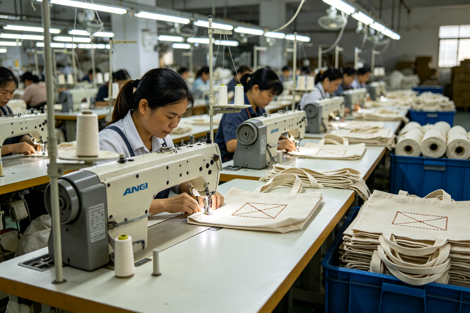Canvas tote bag sewing production line with workers operating industrial Juki sewing machines, attaching handles with cross-stitch box patterns, and sewing bottom gussets