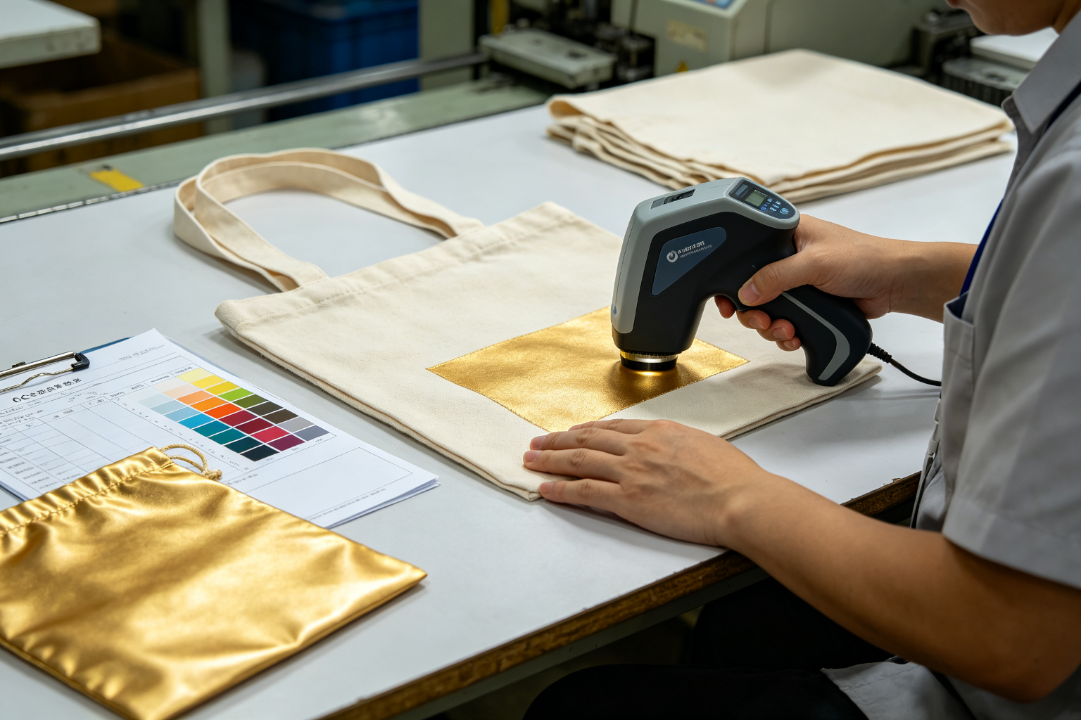 QC inspector using a spectrophotometer to measure print color consistency on a canvas tote bag, with golden sample and color measurement report on the inspection table