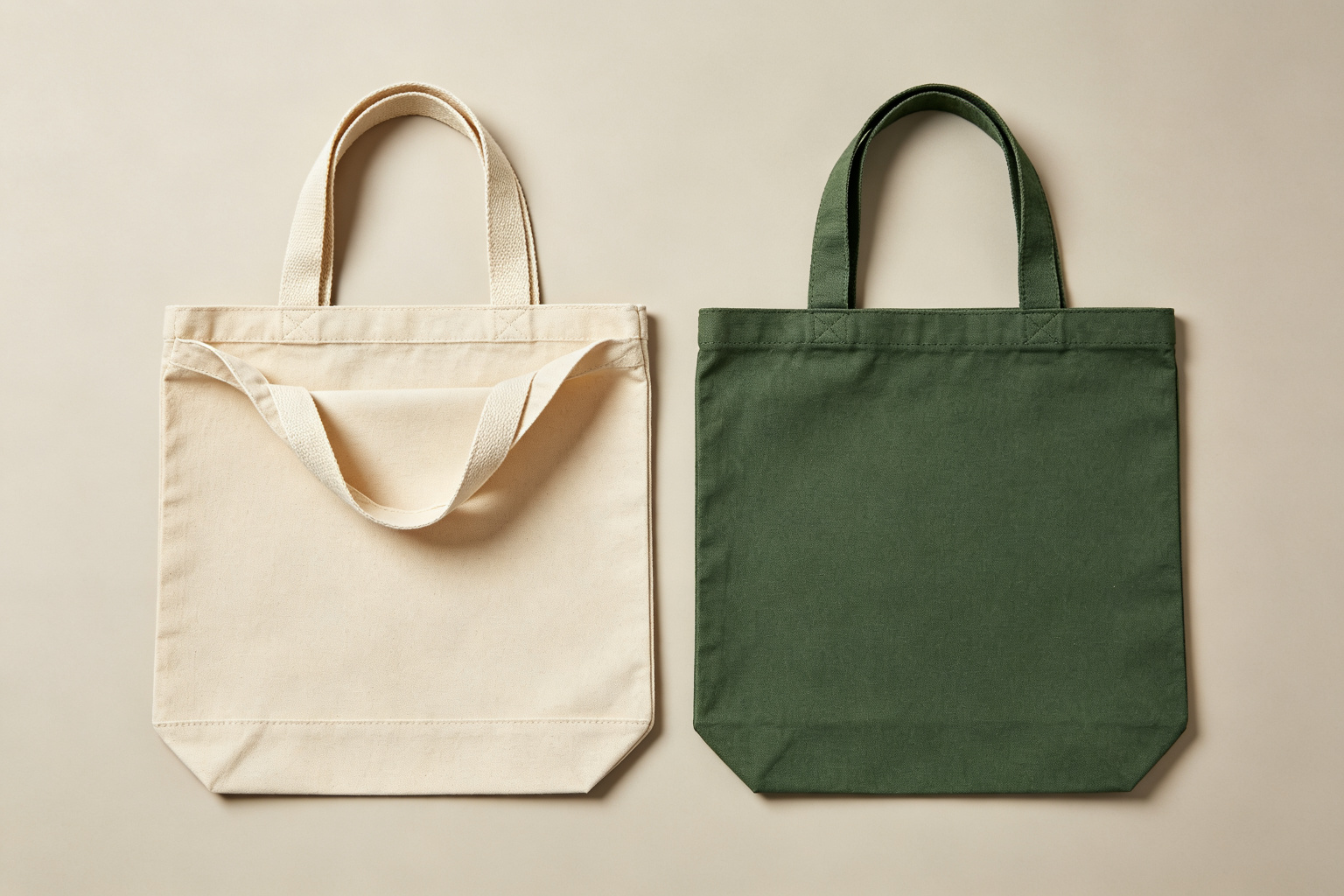 Finished custom GOTS organic cotton canvas tote bags in Forest Green and Natural colorways, flat lay showing front print, back, inside with label, and bottom gusset