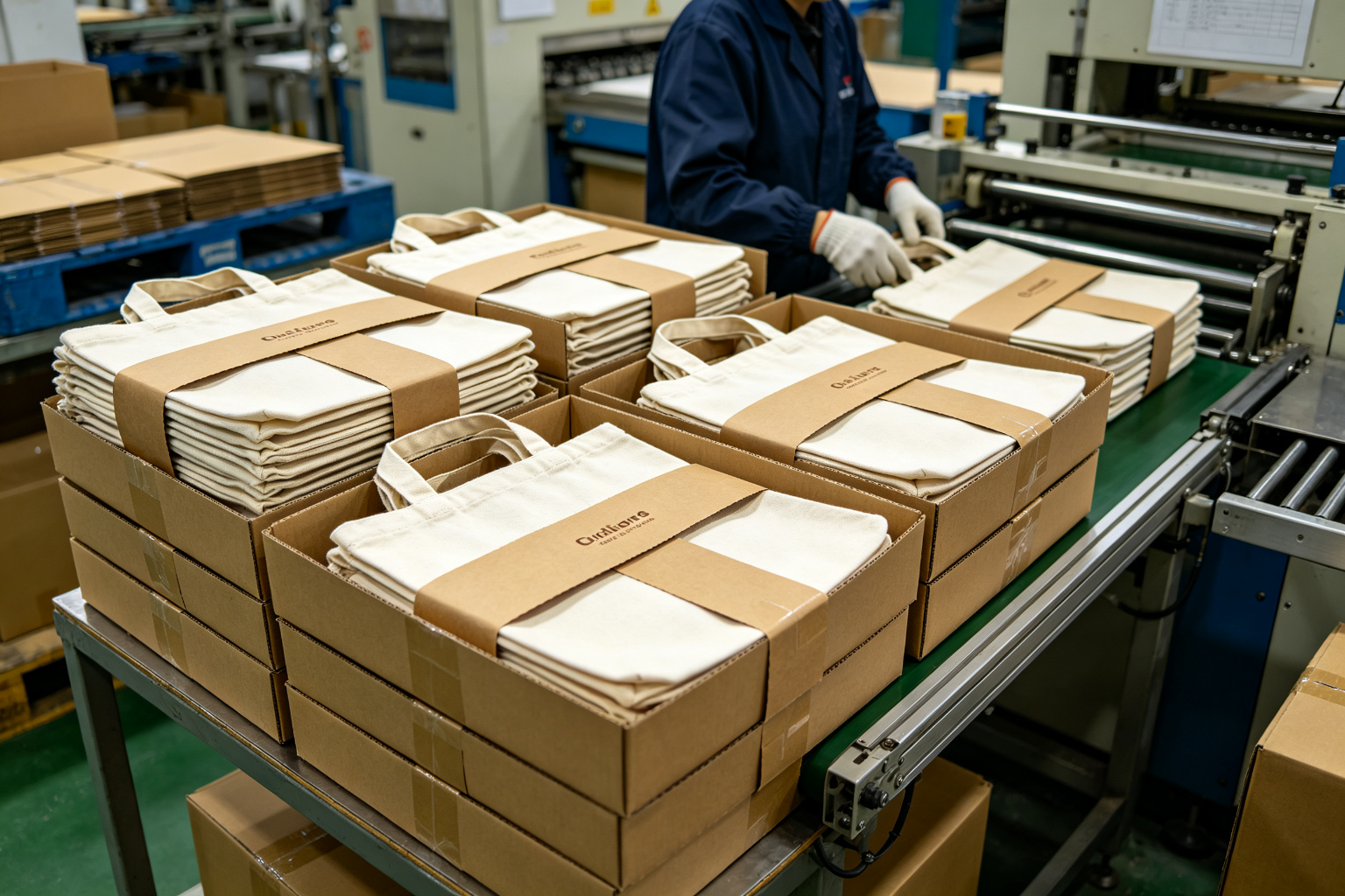 Canvas tote bags being packed into export cartons with recycled kraft paper bands, showing the zero-plastic packaging and GOTS batch labeling on cartons