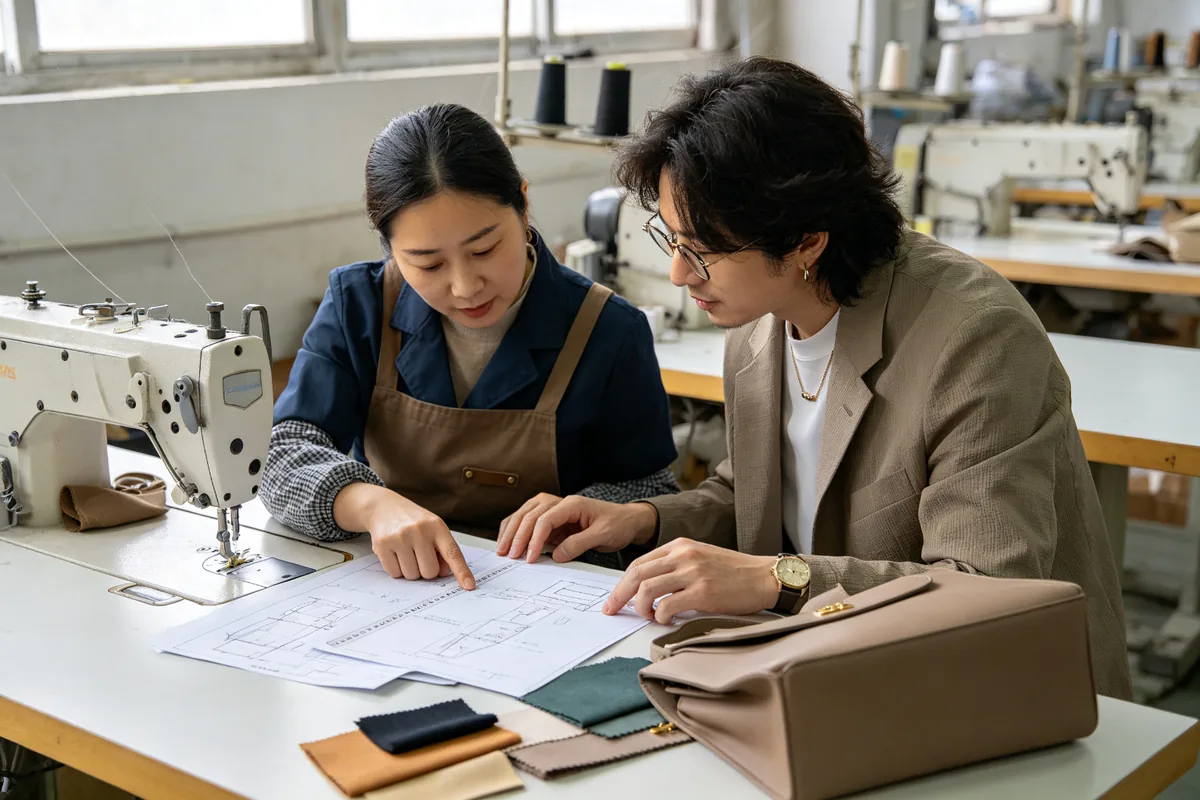 Factory technician and designer reviewing a tech pack together at a work table in a bag factory, pointing at measurement annotations with fabric samples and a half-finished bag prototype
