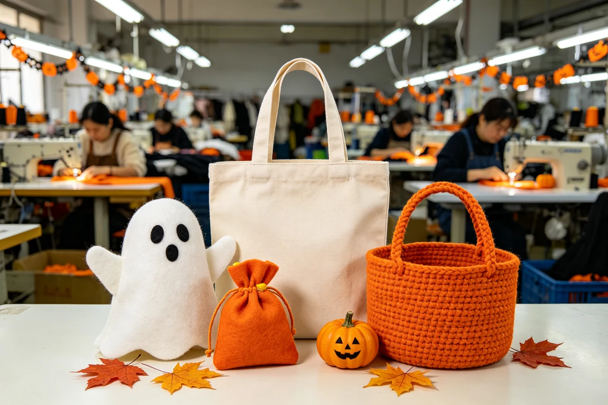 Custom Halloween bags: ghost candy tote, printed canvas tote, felt candy gift bags, and cotton rope basket on a factory workbench