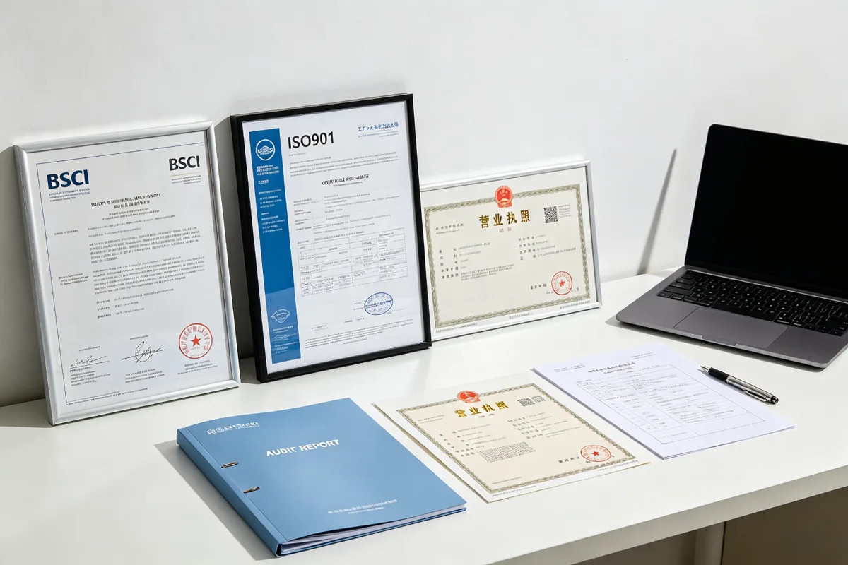 Factory certifications and compliance documents on a desk including BSCI and ISO9001 certificates and an audit report folder