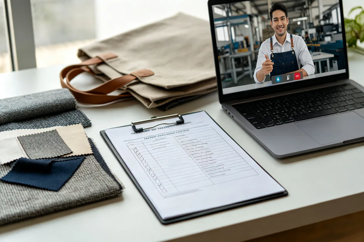 Factory evaluation checklist on a clipboard next to a laptop video call with a factory representative and fabric swatches