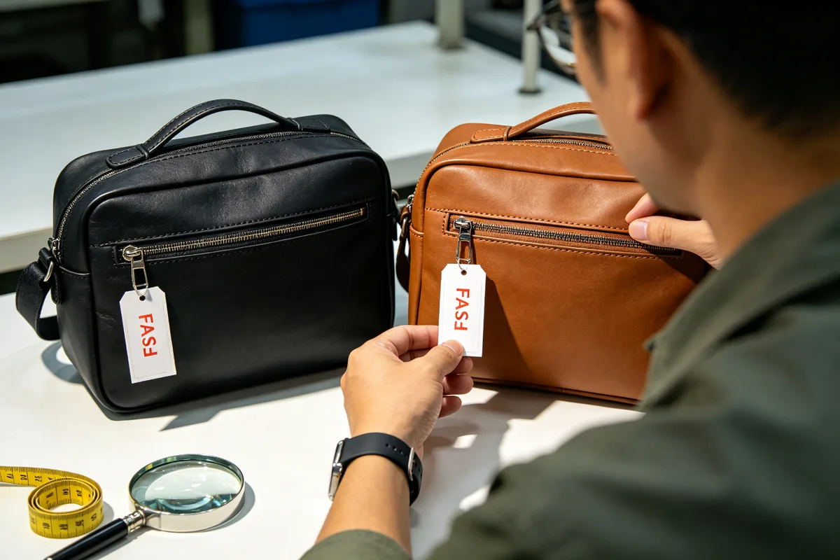 Two custom bags side by side on an inspection table being compared by a buyer with a magnifying glass and measurement tape