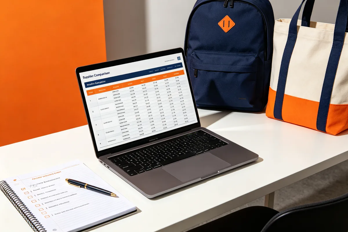 Business buyer evaluating custom bag manufacturers with a supplier comparison spreadsheet, factory evaluation checklist, and sample bags