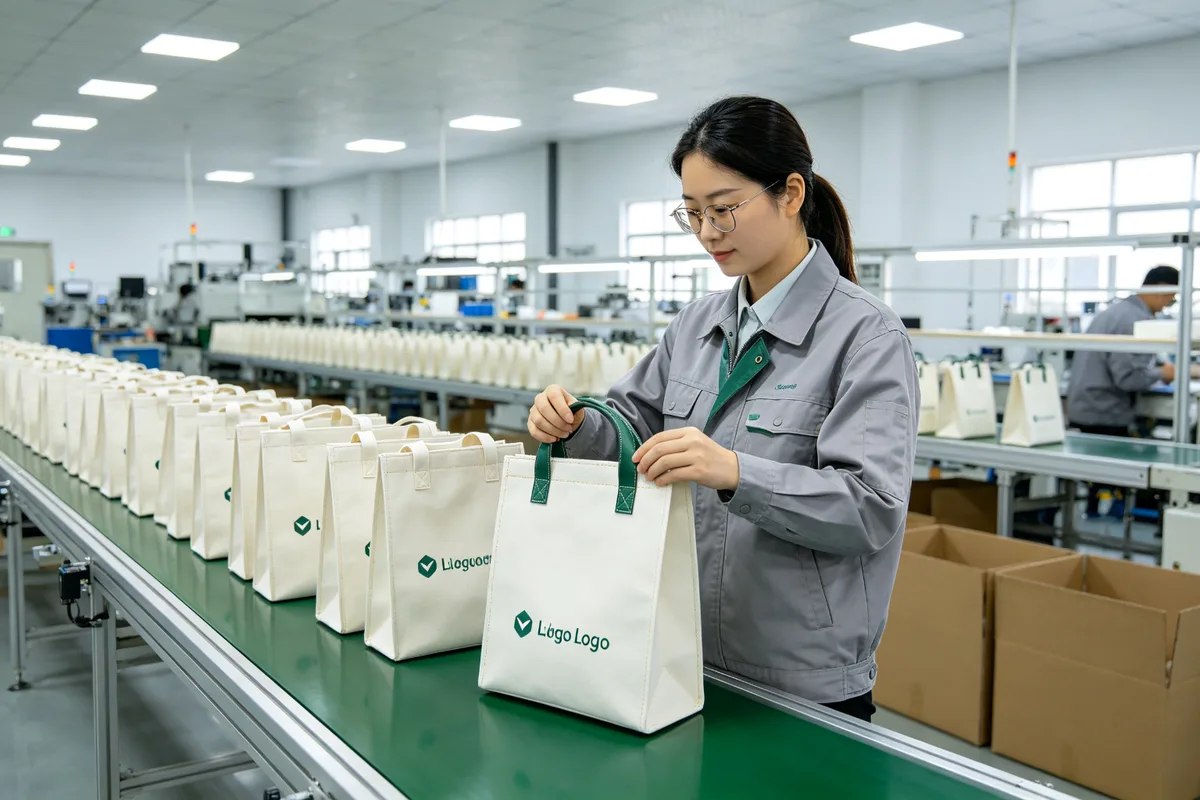 Quality control inspector checking finished custom bags on a factory production line, examining seams and logo printing with rows of completed bags in the background