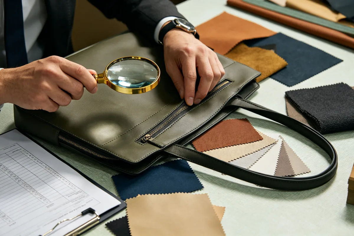 Buyer inspecting a custom bag sample with a magnifying glass, checking zipper and stitching quality at a factory worktable with material swatches and a quality checklist