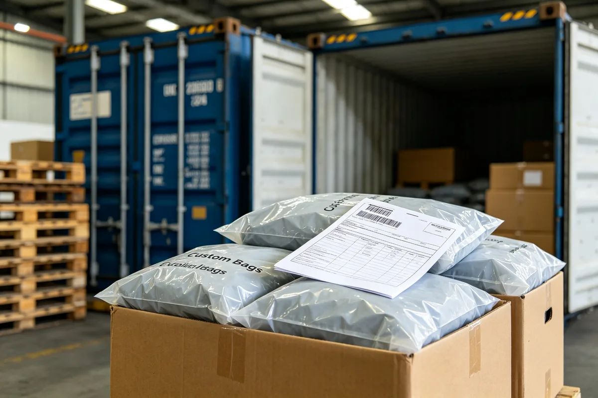 Custom bags packed in export cartons with packing list documents and shipping labels, with a freight container and warehouse pallets in the background