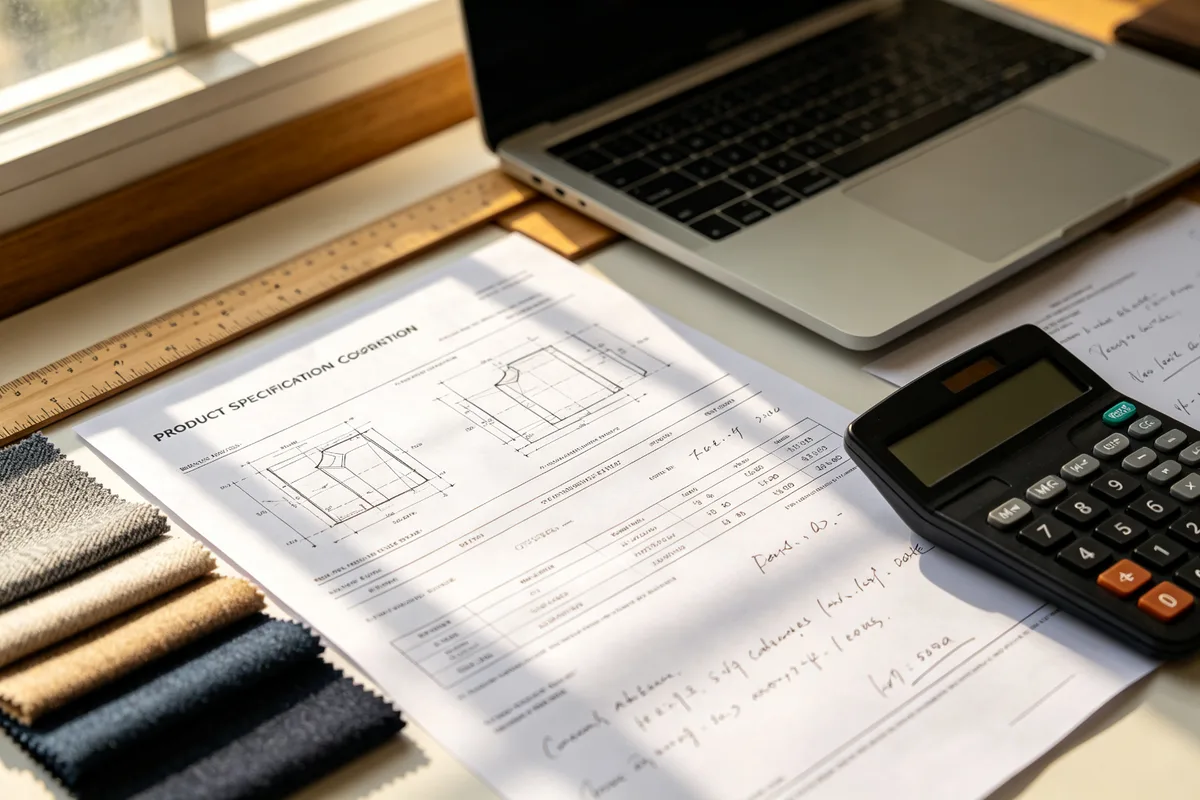 Product specification sheet and quotation document on a desk with technical drawings, fabric swatches, measurement notes, and a calculator