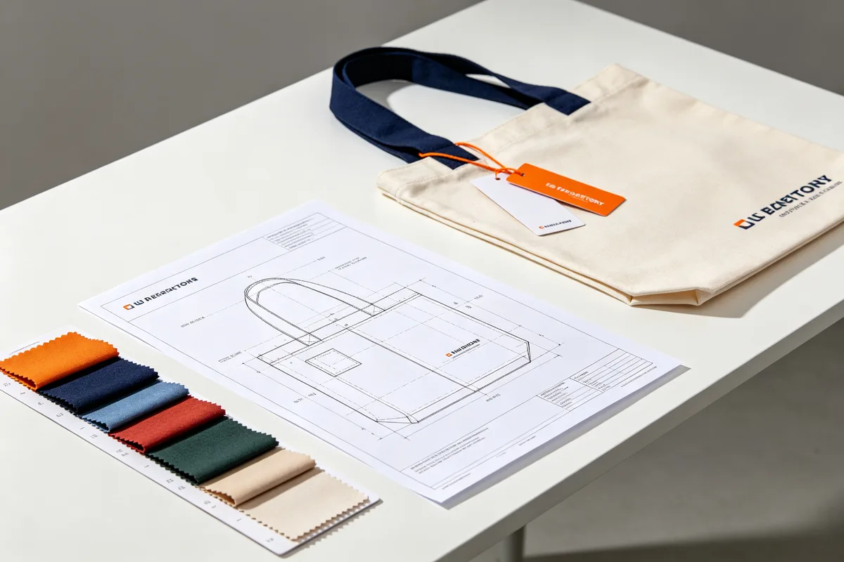 Custom bag manufacturing process from technical drawing and fabric swatches to a finished custom tote bag with factory tags