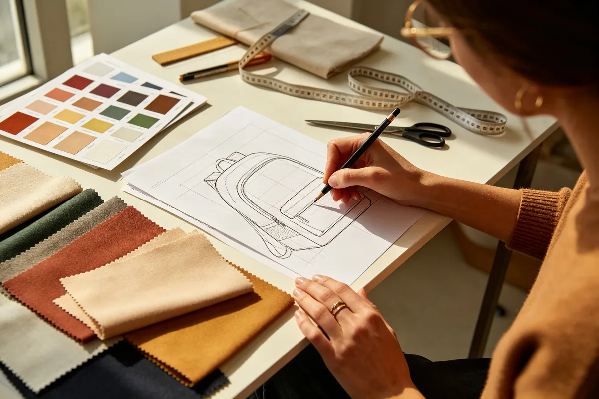 Fashion designer drawing backpack technical sketches on a design table with fabric swatches, color palette cards, and measuring tools