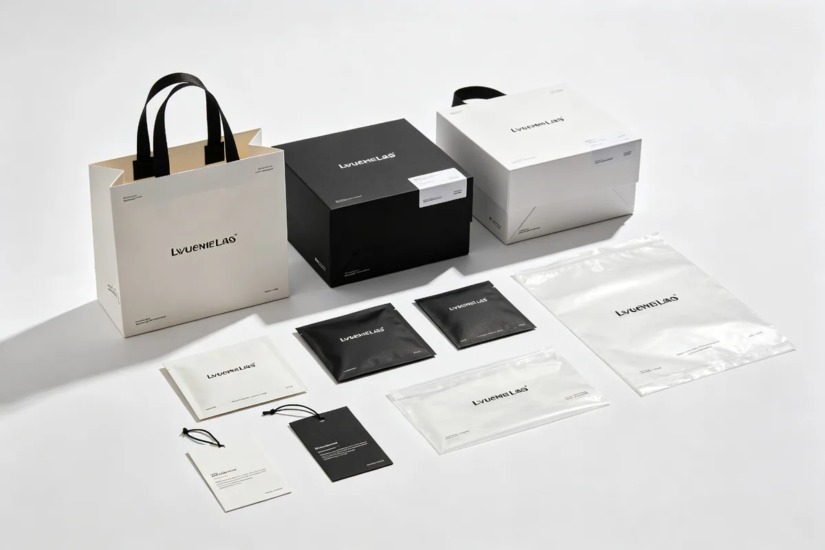 Finished custom bags with branded packaging, hang tags, and polybags arranged in a professional e-commerce product photography setup