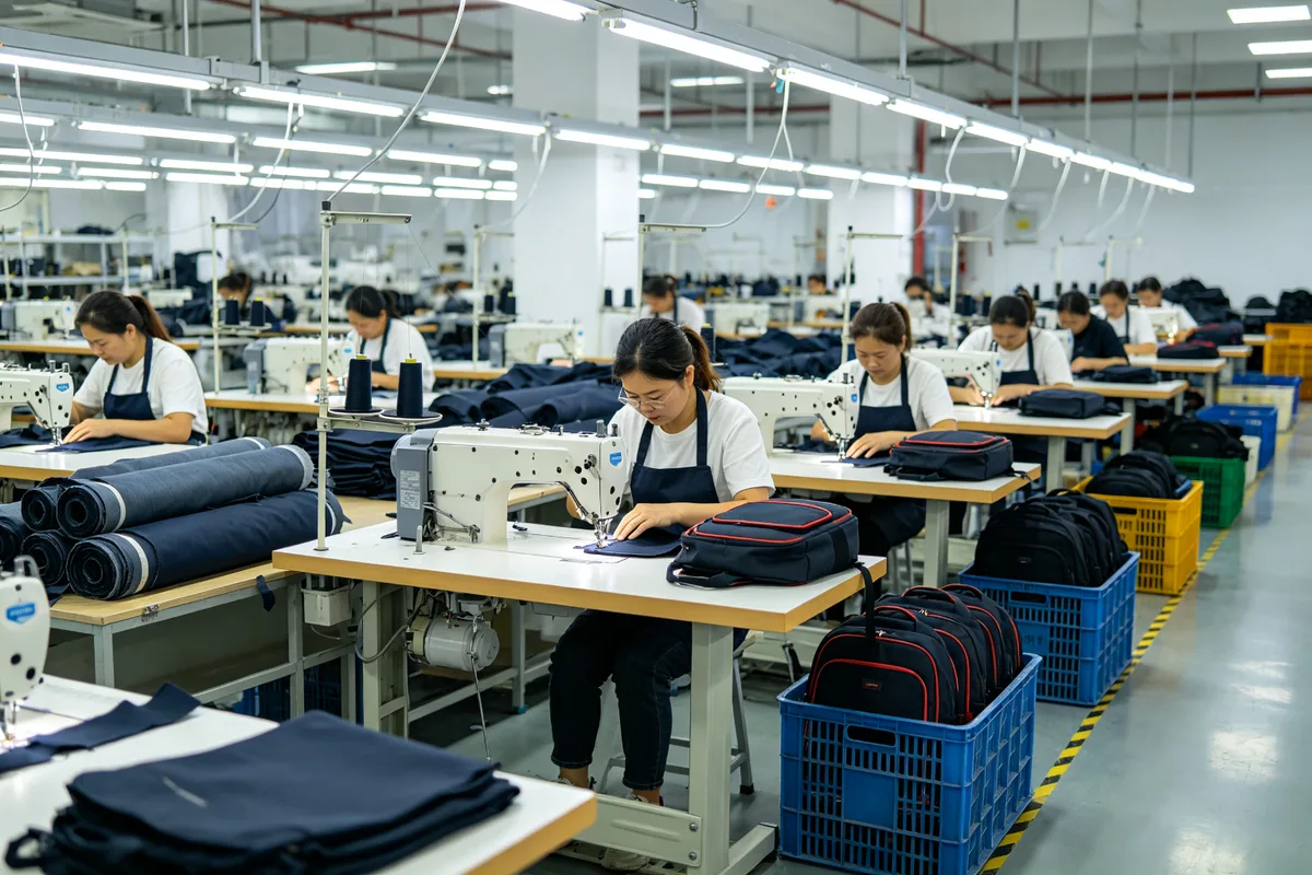 Modern bag factory production line with workers sewing and assembling custom backpacks at industrial sewing machines, organized workstations