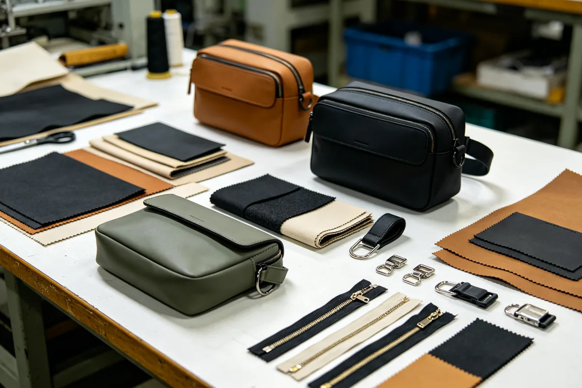 Custom bag prototypes and samples arranged on a factory worktable with material swatches, zipper samples, buckle hardware, and quality inspection tools