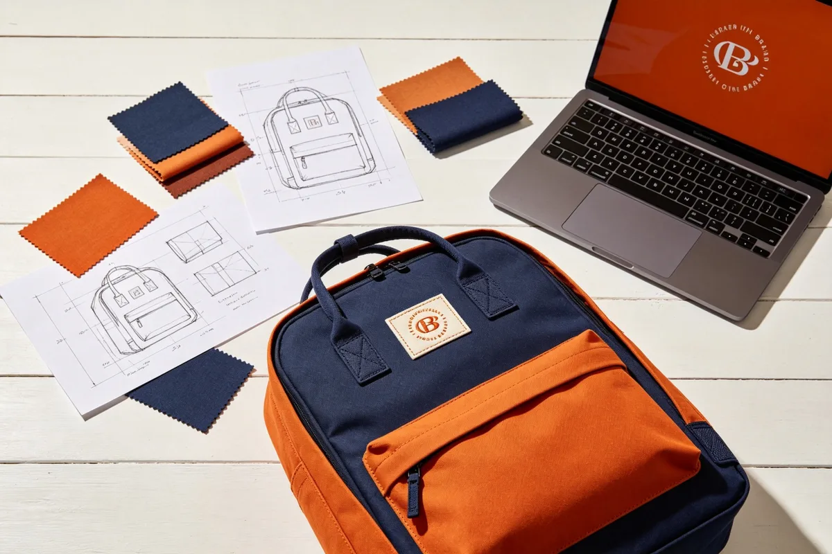 Flat lay showing the bag brand startup journey: design sketches, fabric swatches, finished custom backpack with brand tag, and laptop with logo design