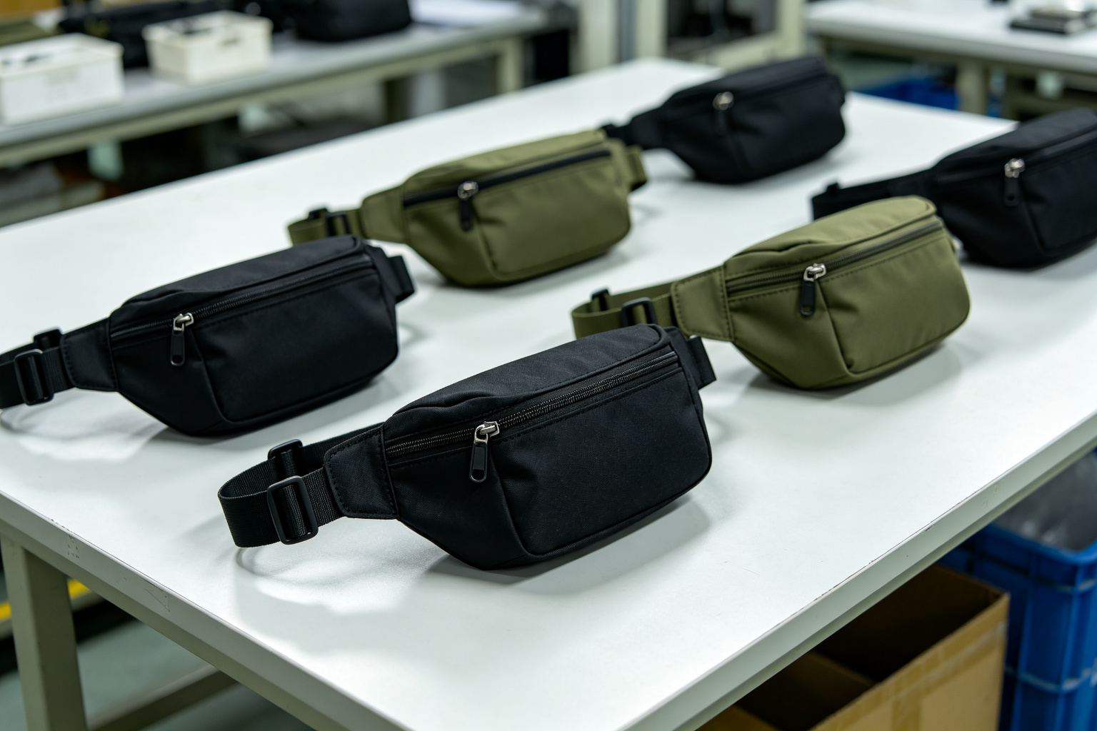 Finished nylon waist bags in black and olive green with YKK zippers and adjustable straps on a factory inspection table