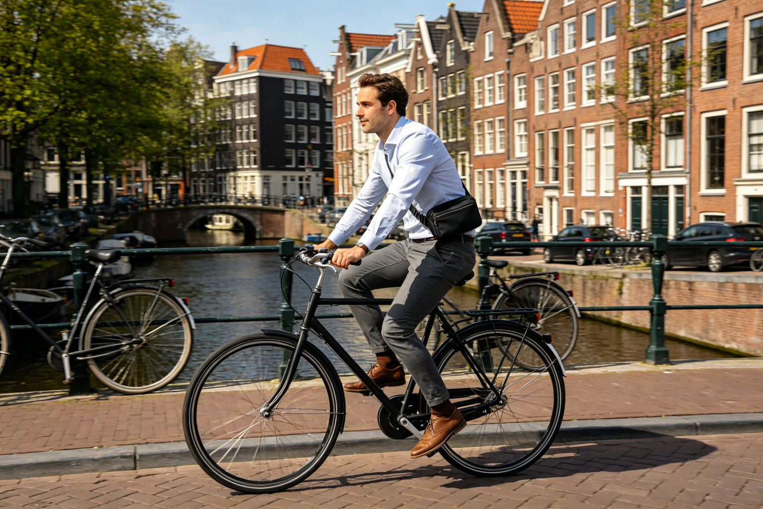 Amsterdam canal street scene with an urban cyclist wearing a black waist bag, brick buildings and bicycles in background