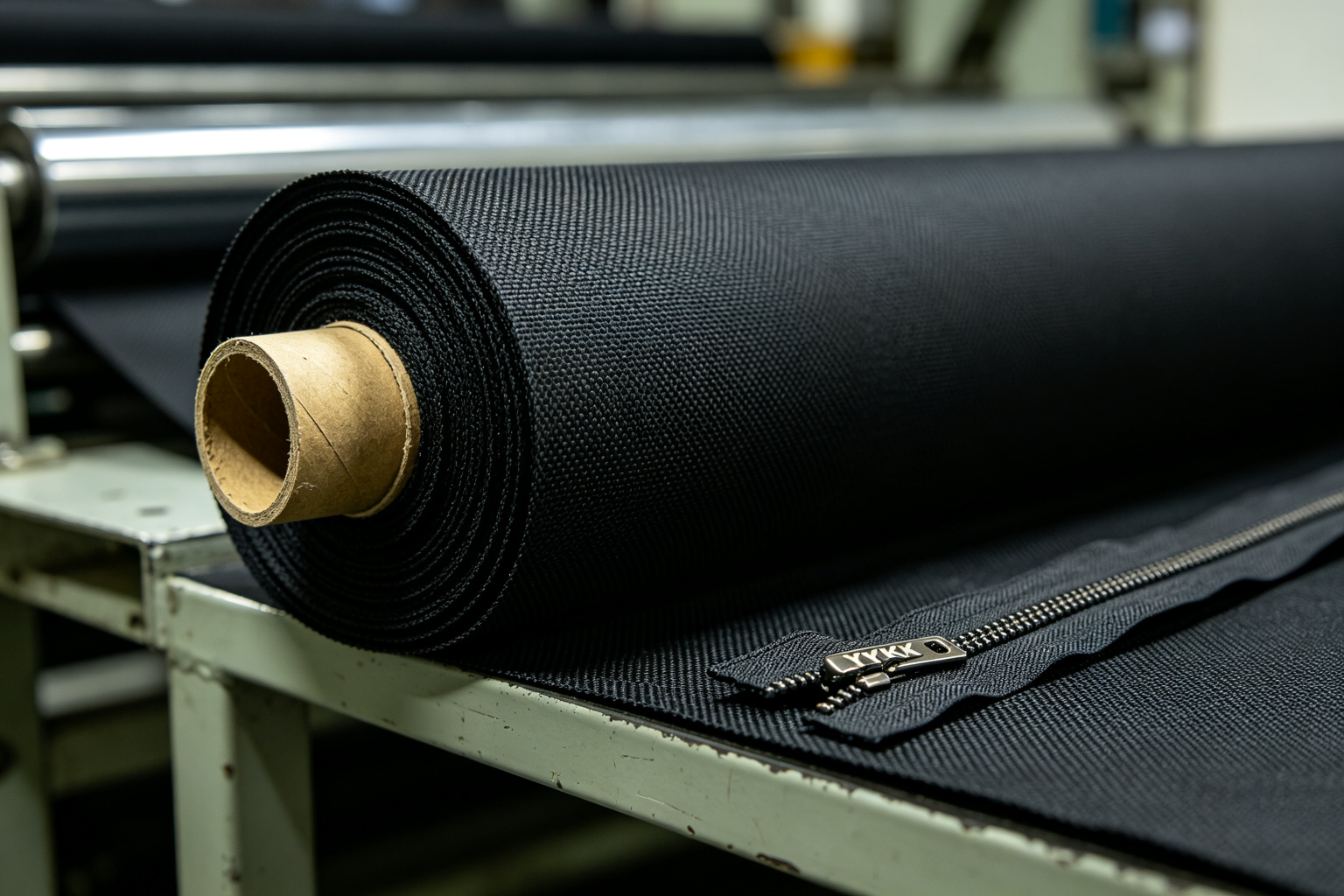 Roll of 420D nylon fabric in black with a YKK zipper sample lying beside it on a factory shelf