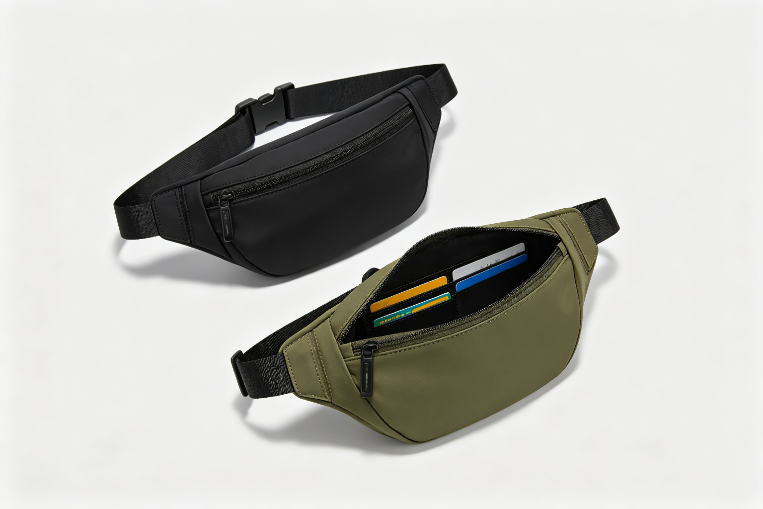 Finished black and olive green nylon waist bags on a white background, one open showing interior zip pocket and card slots