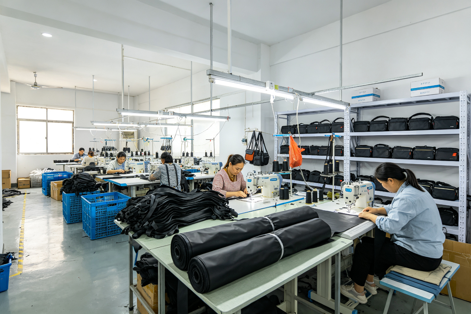 Compact small-batch waist bag factory line with sewing stations, black fabric rolls, and finished waist bags on racks