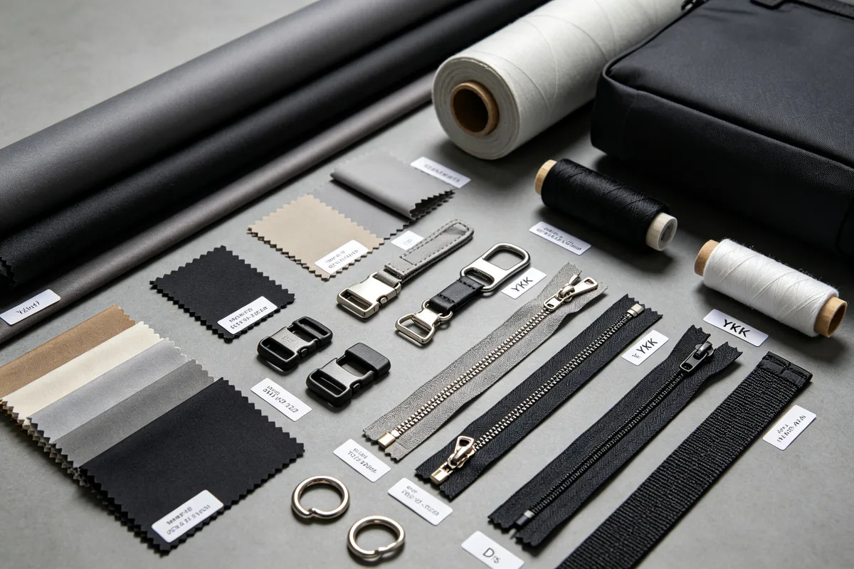 Flat lay of bag manufacturing materials including nylon fabric rolls, lining swatches, YKK zippers, metal buckles, D-rings, webbing straps, and thread spools with specification labels