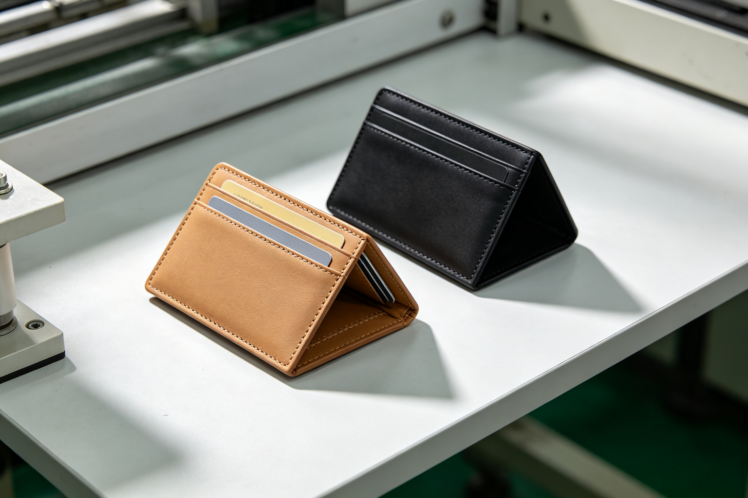 Finished PU leather wallets in tan and black with one open showing card slots on a factory inspection table