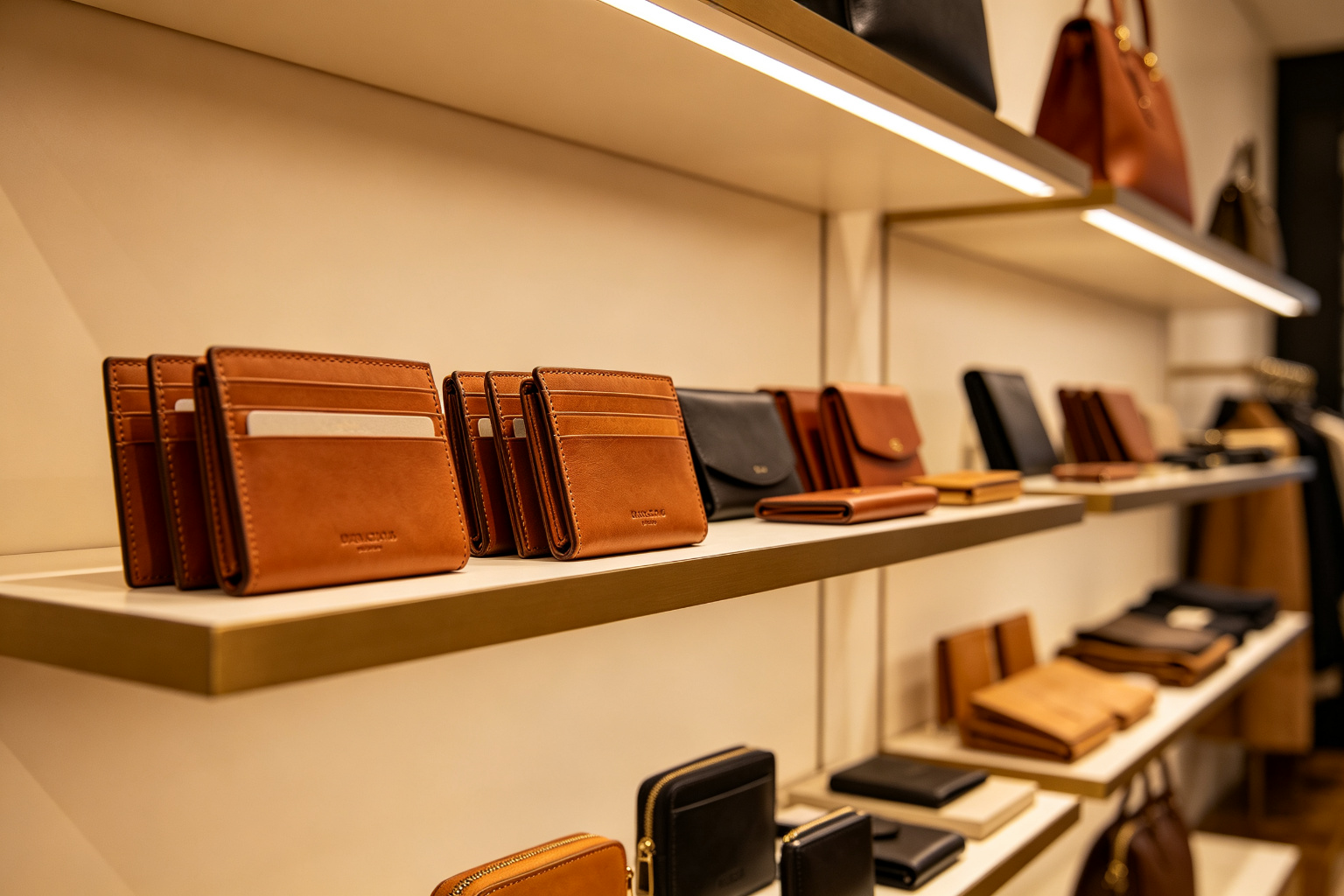 UK fashion accessories boutique interior with leather wallets and small leather goods displayed on shelves in soft warm lighting