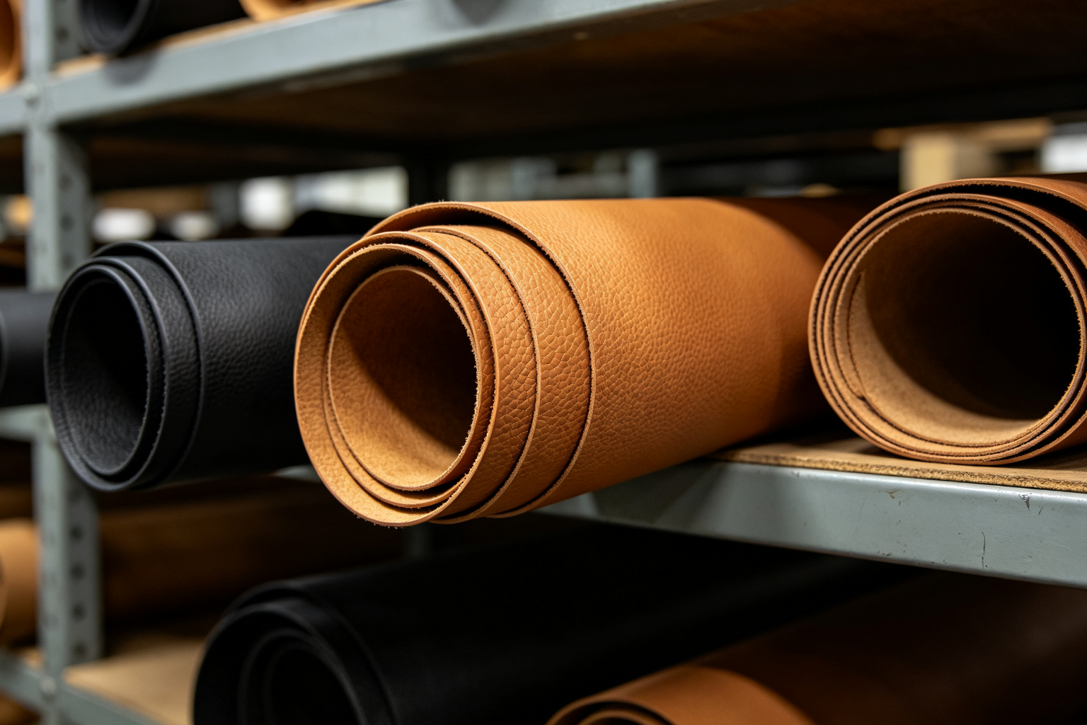 Rolls of PU leather material in tan and black on a factory shelf showing the textured surface