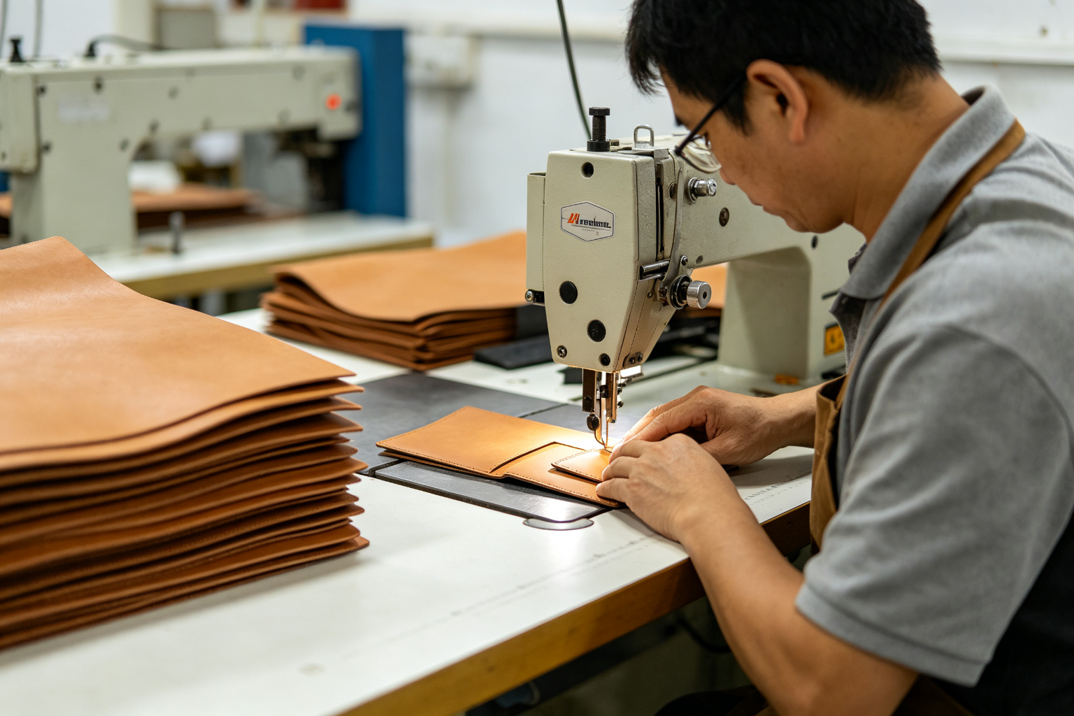 Worker operating a cutting machine cutting tan PU leather wallet panels in a clean factory workshop