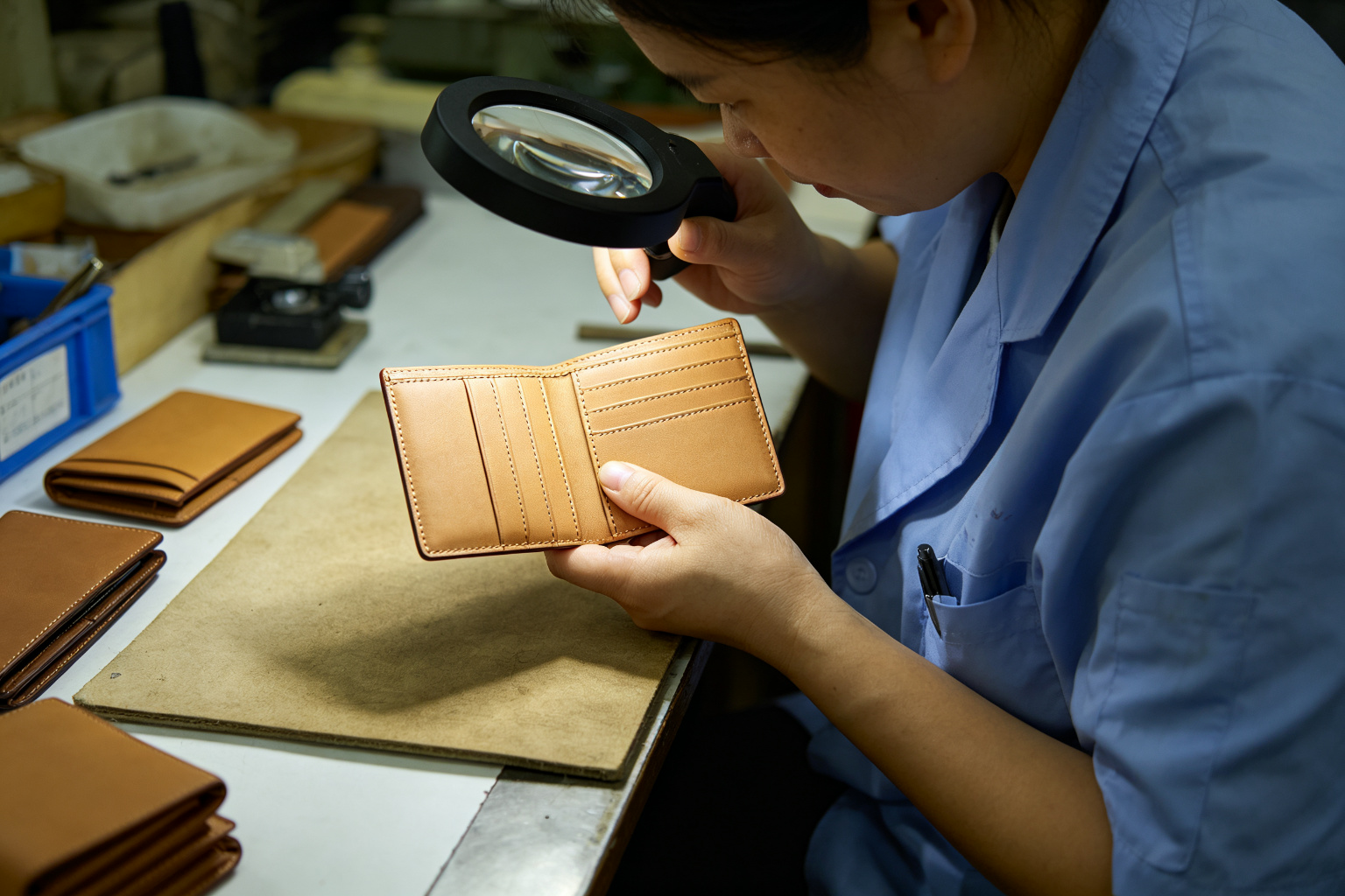 QC inspector examining a tan PU leather wallet with a magnifier at a quality control station, checking stitching and card slots