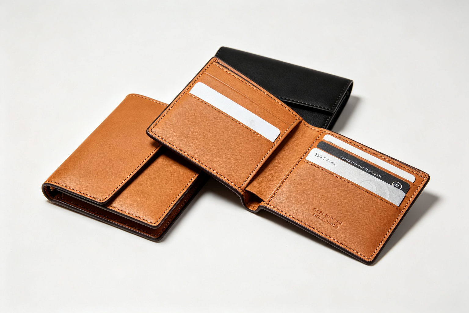 Finished PU leather wallets in tan and black on a clean white studio background, one open showing card slots and RFID lining