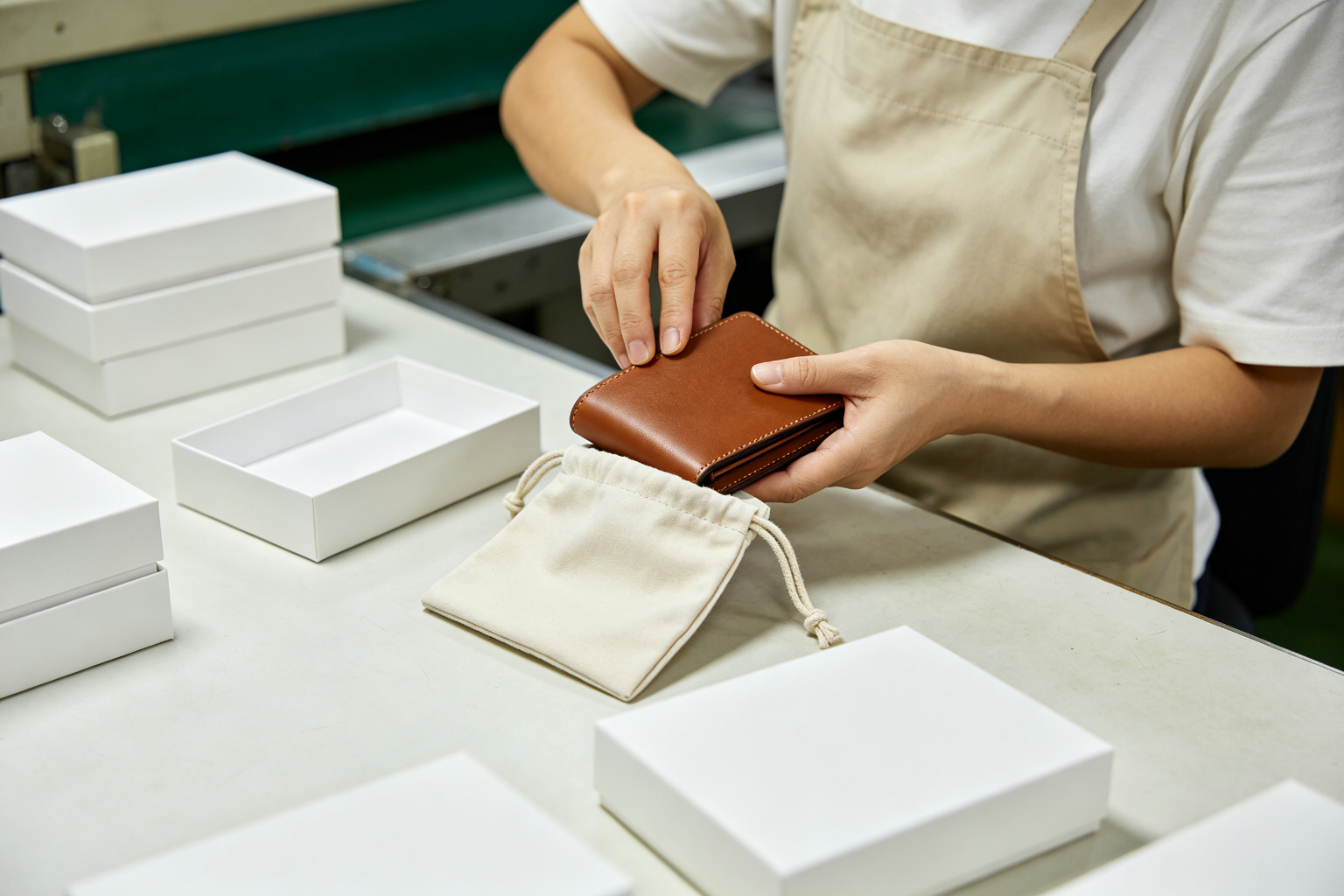 Worker placing a finished PU leather wallet into a fabric drawstring pouch at a premium packaging line with plain gift boxes