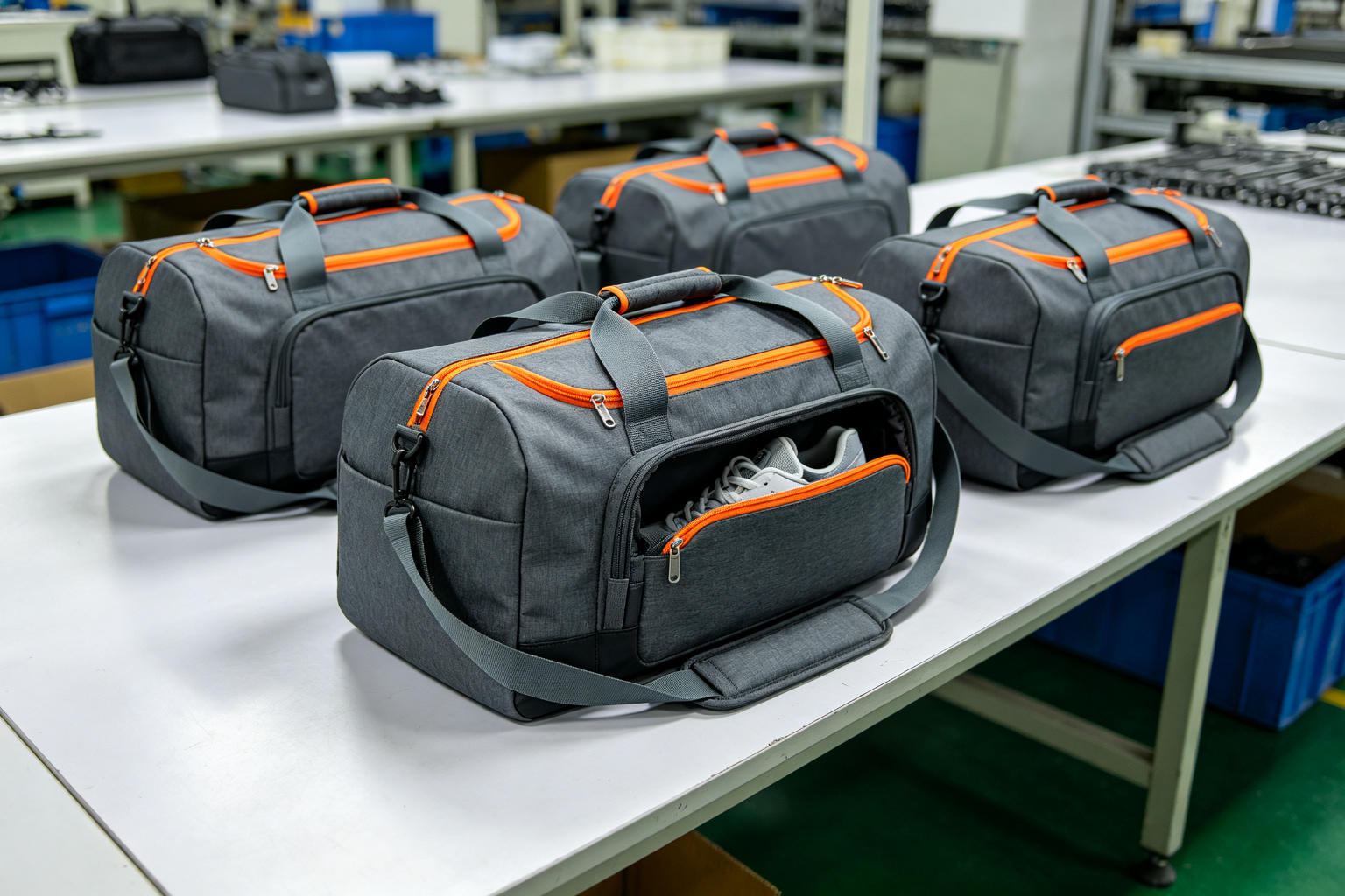 Finished GRS-certified RPET duffel bags in charcoal grey with orange accent zippers on a factory inspection table, one open showing shoe compartment