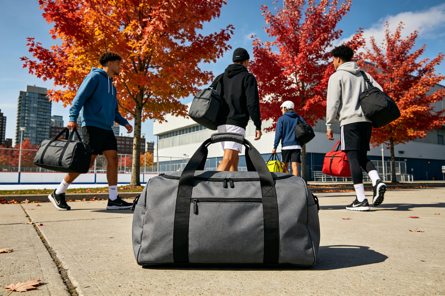 Canadian city sport scene with people carrying duffel bags to a gym or hockey arena in autumn, maple trees in background