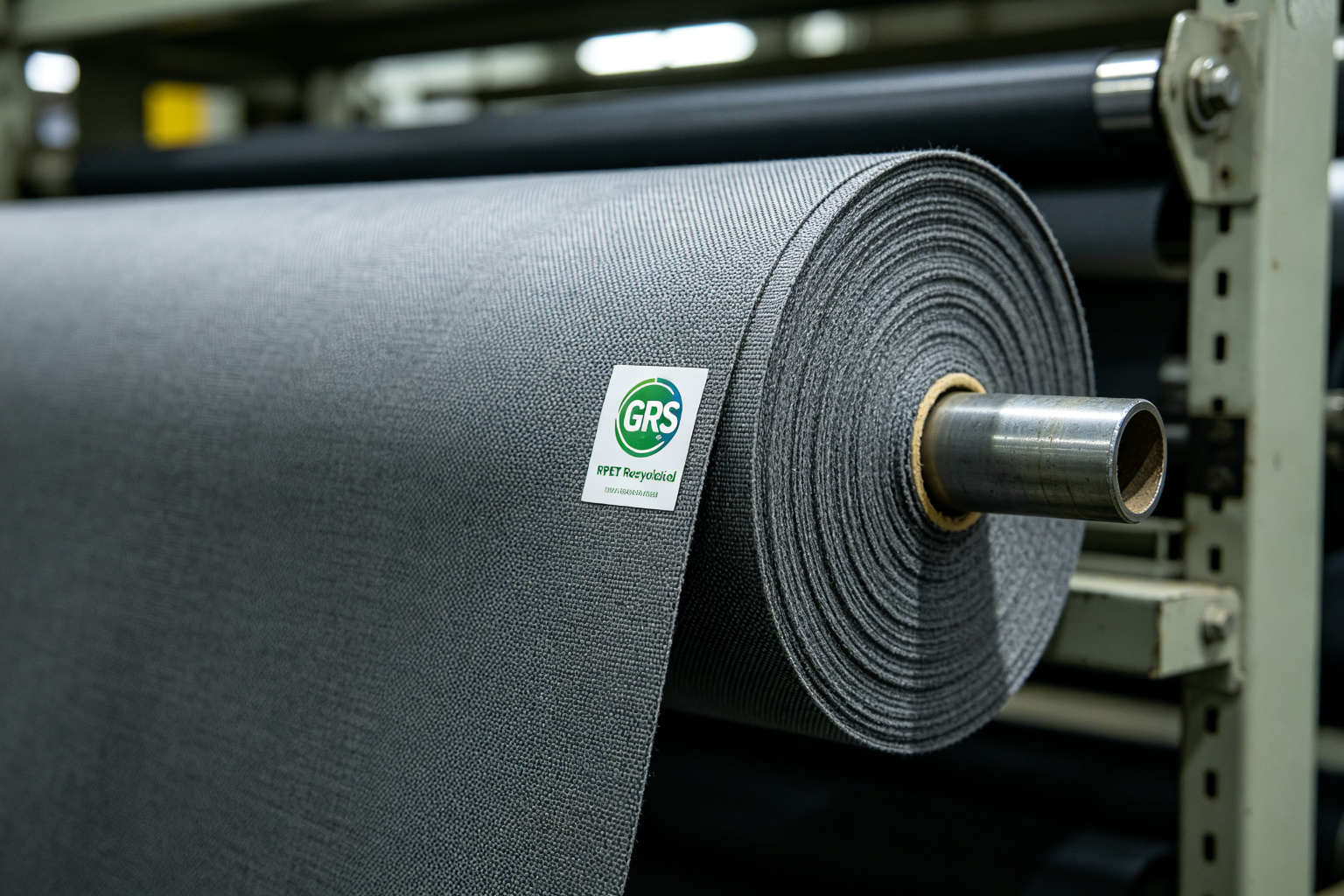Roll of 600D recycled RPET polyester fabric in charcoal grey with a GRS recycled material label on a factory shelf